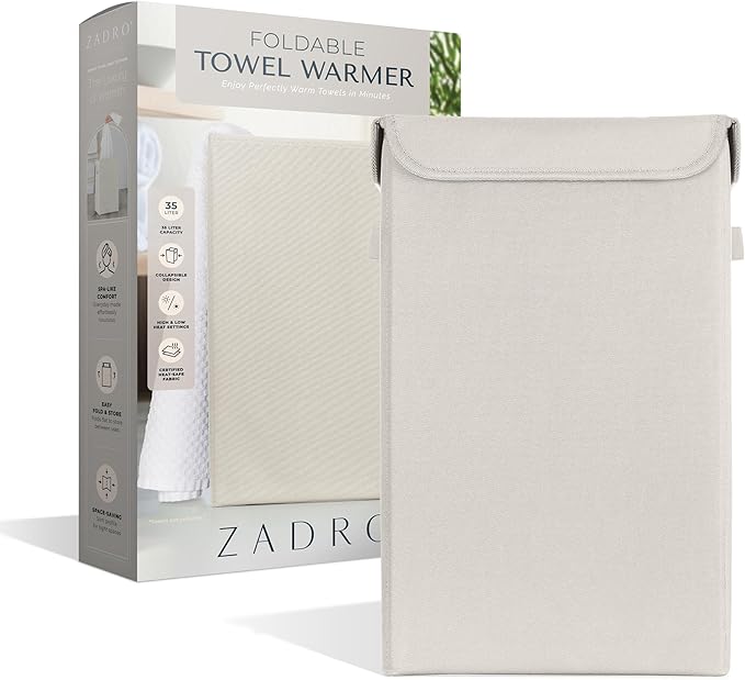 Zadro Foldable Towel Warmer, Folding Heat-Resistant Fabric, XLarge 35 Liter Capacity, Dual Even-Surround Heat Modes, Collapsible Space-Saving Design (Cream, 35L - 19.5"x12"x12")