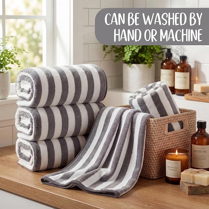SmoothNovelty 16 Pack Microfiber Bath Towels Bulk 27'' x 60'' Oversized Size Bath Towel Highly Absorbent Extra Large Soft Drying for Beach Shower Summer Salon Sport Gym Party (Stripe,Dark Grey)