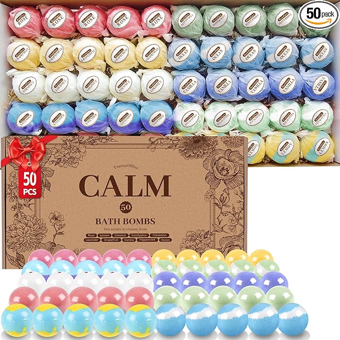 TranquilBliss Bath Bombs Set 50 PCS with 10 Rich Scents, Bath Bombs for Women, Natural Bubble Bombs with Shea Butter & Safe Oil, Ideal for Mother's Day, Birthday, Valentines Present (Brown)