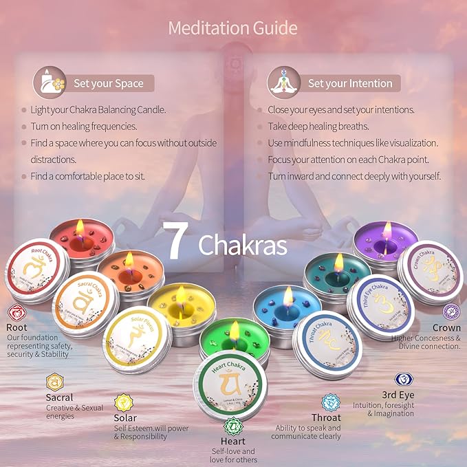 Inspireyes Chakra Candles Set of 7,Meditation Crystal Scented Candles Gift Set for Women, Spiritual Healing Candles for Promotes Positive Energy, Yoga, Cleansing, Manifesting, Relaxation