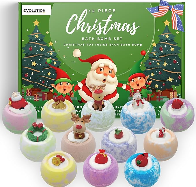 EvolutionUSA 12 Christmas Bath Bombs for Kids - Holiday Bath Bombs with Surprise Inside, Perfect Christmas Stocking Stuffers or Festive Holiday Bathombs Set, Natural & Hypoallergenic Bath Ball Set