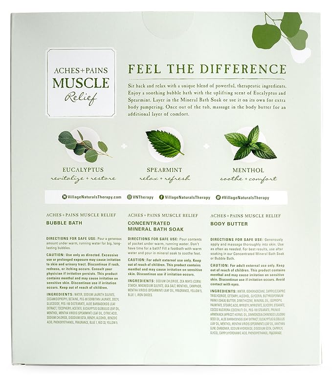 Village Naturals Therapy 3-Piece Relaxing Muscle Wellness Spa Gift Set, Eucalyptus Mint Scent