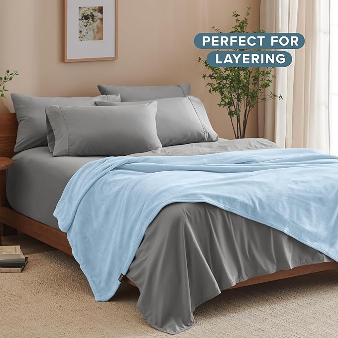 Bare Home Fleece Blanket - Throw Extra Long - Ultra-Soft Lightweight for Bed, Sofa, and Couch - Luxury Microplush - Cozy Warm Blanket (Throw XL, Light Blue)