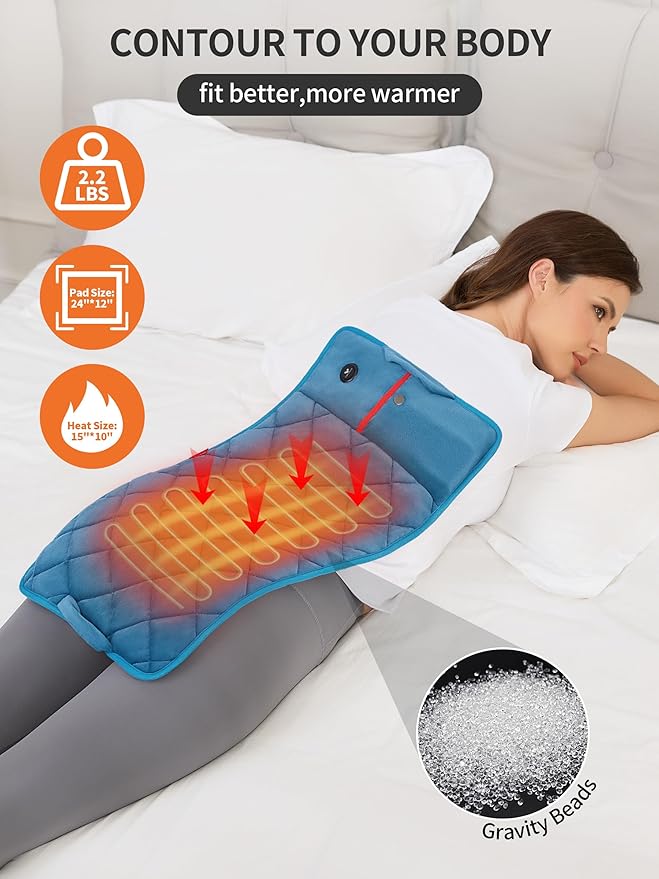 Vofuoti Portable Heating Pad, Cordless Weighted Heating Pads with Battery and 3 Heat Settings, Electric Heated Pad for for Back, Abdomen, Neck & Shoulder, Women Men, 12" x 24" (Blue-Pro, 12"x24")