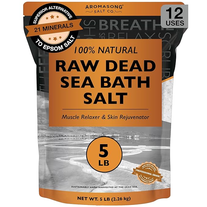 Aromasong Raw Dead Sea Bath Salt - Minimally Cleaned, Contains More Dead Sea Minerals Including Dead Sea Mud - 100% Pure & Natural Dead Sea Salts for Soaking 5 LB - Bulk Resealable Pack