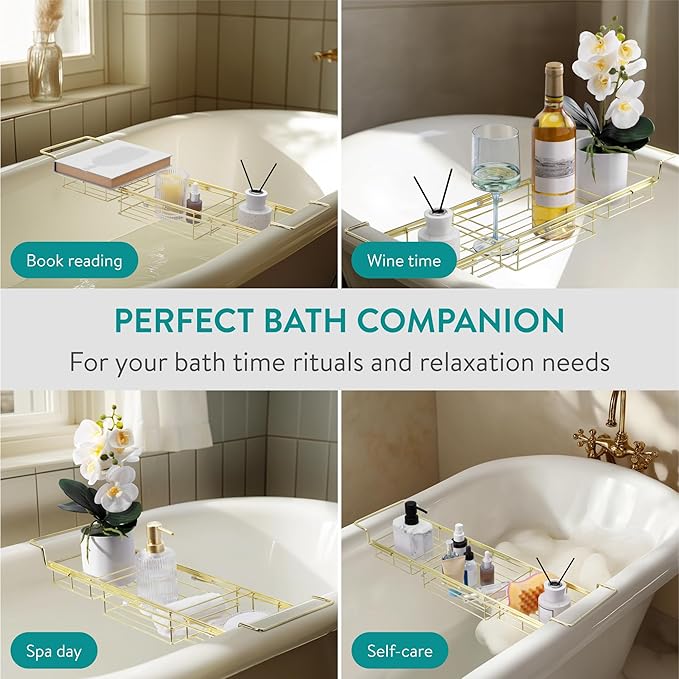 Navaris Gold Wire Bath Tray - Adjustable Bath Caddy - Organiser Trays for Bathtub - Extendable Bath Toy Storage Shelf for Across The Bath - Robust & Easy to Clean Over Bath Rack