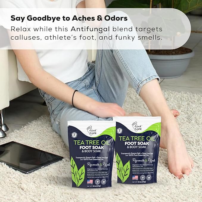 FOOT CURE Tea Tree Oil Foot Soak with Epsom Salt - Best Toenail Fungus Treatment, Athletes Foot & Softens Calluses - Soothes Sore & Tired Feet, Fungal Toe, Foot Odor Scent, Spa Pedicure (Pack of 2) | Tea Tree Oil, with Epsom Salt, Fungal Toe, Foot Odor...