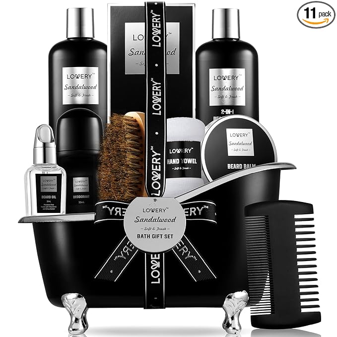 Gifts for Men, Valentines Day Gifts for Him Body And Wash Gift Set Beard Kit and Body Care, Sandalwood Spa Baskets, Bath and Beard Grooming Kit, for Husband, Dad, Beard Balm Growth Oil