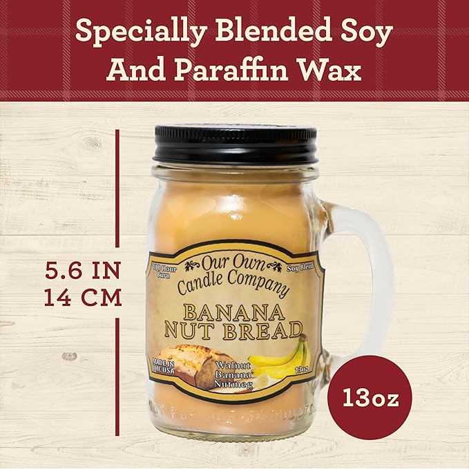 Our Own Candle Company, Banana Nut Bread Scented Mason Jar Candle, 100 Hour Burn Time - 13 Ounces
