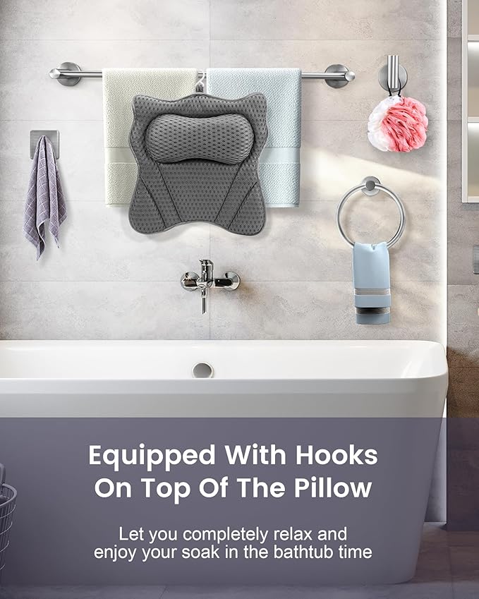 MTDLYICE Bath Pillow, Bath Pillows for Tub Neck and Back Support, Soft 4D Air Mesh Bathtub Pillow 16.5 x 17.3 INCH, with 6 Powerful Suction Cups, Bath Accessories Relaxing Gifts for Women (Grey)