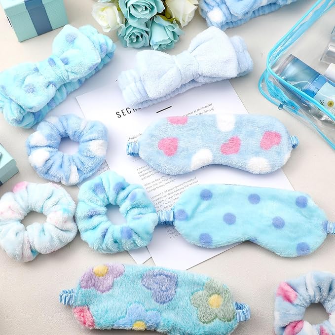 Kajaia 48 Pcs Spa Party Supplies for Girls Spa Party Favor Sleepover Slumber Supplies for Women Headband Eye Mask Hair Scrunchies Toiletry Bag(Blue,Pure)