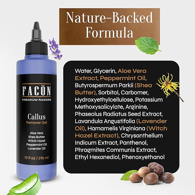 Facón Professional Callus Remover Gel for Feet with Aloe Vera, Shea Butter, Peppermint & Witch Hazel, Lavender Scent Callus Softener, Home Pedicure Foot Spa, Removes Cracked & Dead Dry Skin, 10 fl oz