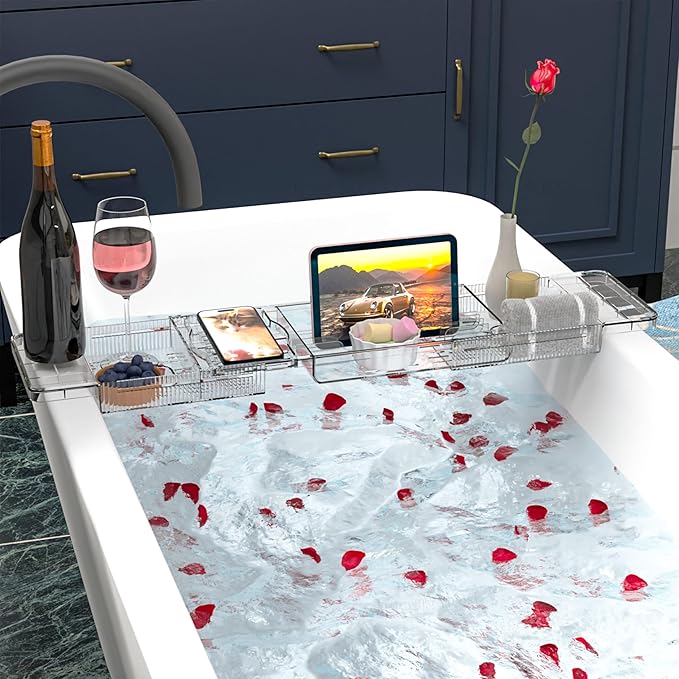 Yieach Luxury Tub Tray for Bathtub Expandable,Clear Bath Shelf Over Tub and Acrylic Bathtub Tray,Plastic Bath Board & Table,Bath Caddy Tray & Accessories for Mothers,Mom and Women Relaxing Spa Gifts