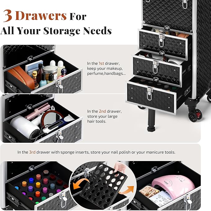 Rolling Makeup Train Case with 3 Drawers, Nail Trolley Cart Salon Station Cosmetology Case on Wheels Organizer Cases for Nail Tech,SPA,Face Painting,Hairstylist,Makeup Artist (Silver & Black)