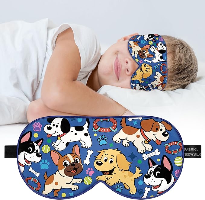 Silk Kids Sleep Mask: 100% Mulberry Silk Eye Mask, Sleeping Masks with Adjustable Strap, Soft & Light-Blocking Printed Kid Eye Cover for Boys Girls Teens Aged 5-15 (Puppy Theme)