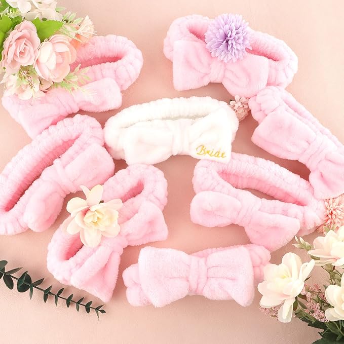 Semato Hairband, 8 Pcs Bachelorette Party Favors Set - 1 Pack Bride White Bow Headband and 7 Pcs Bridesmaid Pink Bow Headband Skincare Headbands for Women, Wide Usage, Size Fits Most, RISK FREE