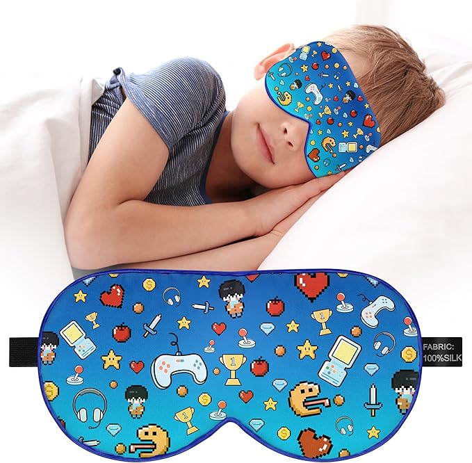 Kids Sleep Mask Eye Cover: 100% Real Natural Pure Silk Eye Mask with Adjustable Strap, Funny Blindfold Kids Eye Mask for Sleeping, Soft & Lightweight Eye Shade for Boys Girls Teens (Games Style)