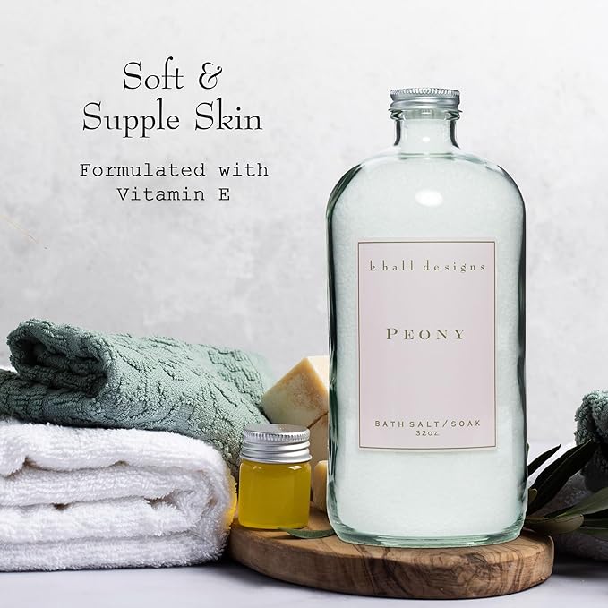 K. Hall Designs Peony Bath Salt Soak with Vitamin E, Peaceful Peony Scent with Watery Notes, Relaxing Bath Products for Women & Men, 32 oz