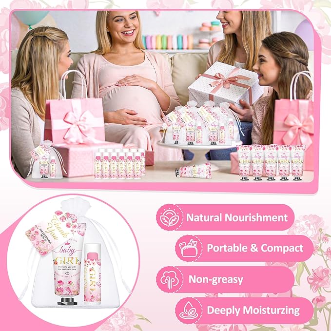 VISCOO 45 Sets Baby Shower Hand Cream and Lip Balm Gifts, Baby Shower Party Favors for Guests, Hand Cream Set for Bridal Wedding Thank You Gifts with Card Organza Bag, Travel Size (Girl)