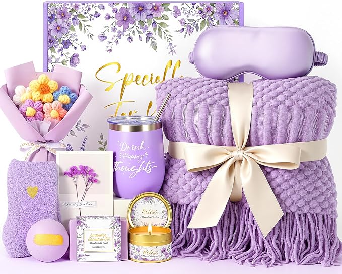 Birthday Gifts for Women,Mothers Day Gifts for Mom,Valentines Day Gift for Her,Self Care Spa Gift Basket with Blanket Candle Bath Bomb,Relaxing Spa Set,Get Well Package,for Mom Wife Sister Best Friend