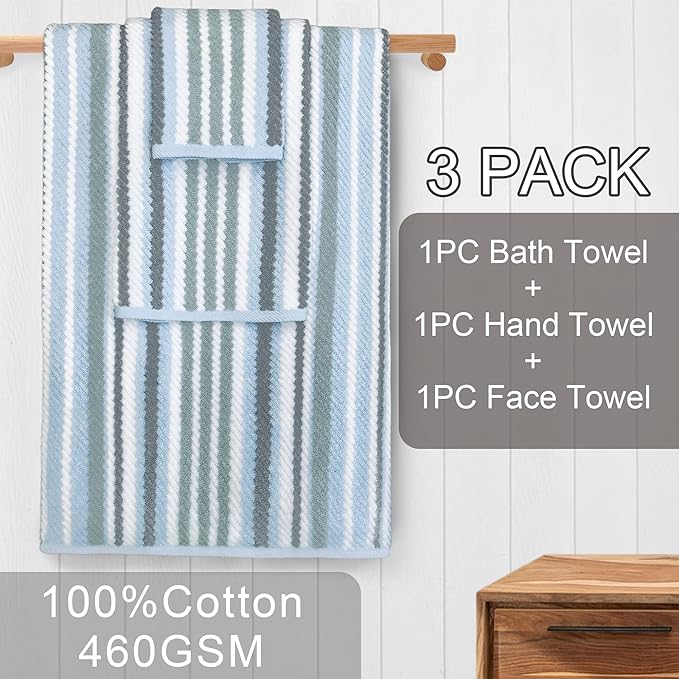 Blue Striped Towels Set of 3, 100% Cotton, Quick Dry, Soft & Absorbent Luxury Bathroom Towel Set ( Hand Towel 16"x27", Washcloth 13"x13",Bath Towel with Hanging Loop 28"x52", ) , Blue & Gray Striped