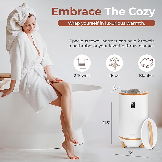 SereneLife Towel and Blanket Warmer - Single Touch Portable Towel Heater for Bathroom, Fragrant Disc Holder, LED Ring, 2 Large Towel Capacity, Built-in Timer (15-60 mins), Auto Shut-Off (White)