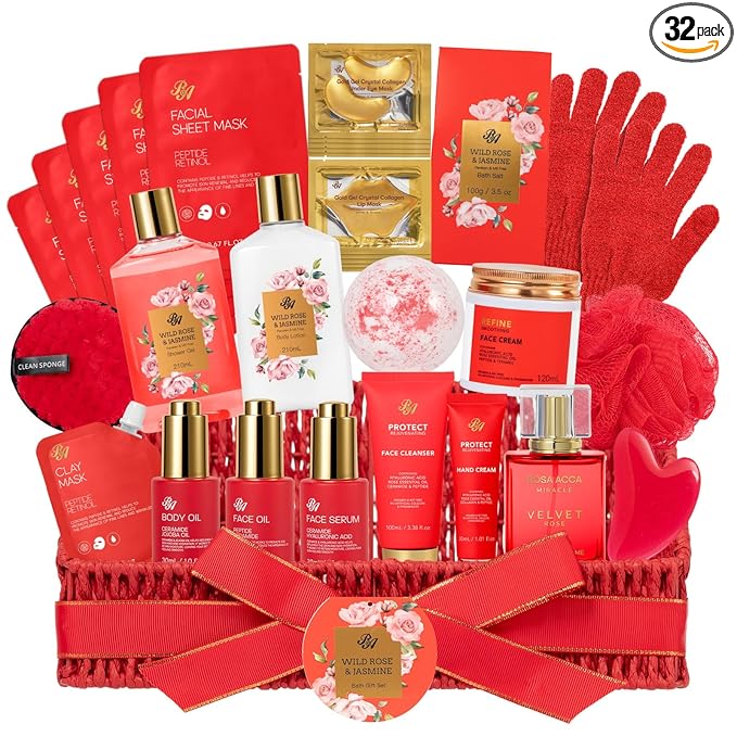 32 Pcs Mother's Day Gift, Red Rose Bath and Body Gift Basket Set for Women, Hydrating Face Skin Care Set, Home Spa Basket, Self Care Set, Birthday, Christmas, Anniversary, Wife, Mom
