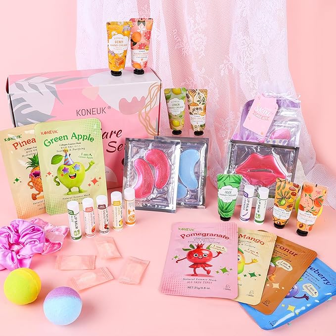 80PCS Spa Party Supplies for Girls, Include Facial Masks, Lip Balm, Hand Cream, Under Eye Patches, Lip Mask, Foot Bath Bombs, Compressed Towels, Sleepover and Spa Birthday Party Supplies for Girls