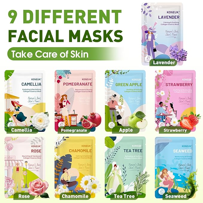 KONEUK 27 Pack Collagen Sheet Face Masks Skincare for Women, Bulk Hydrating Face Mask Set for Dry Skin, Moisturizing Facial Masks for Skin Care, Mothers Day Gifts, Teacher Gifts and Nurses Week Gifts
