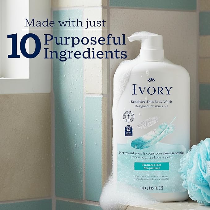 Ivory Body Wash, Designed for the Whole Family, Gentle Formula, Free of Dyes Heavy Perfumes Parabens Phthalates & Silicones, Designed for Skin's pH, Fragnance-Free, 35 oz