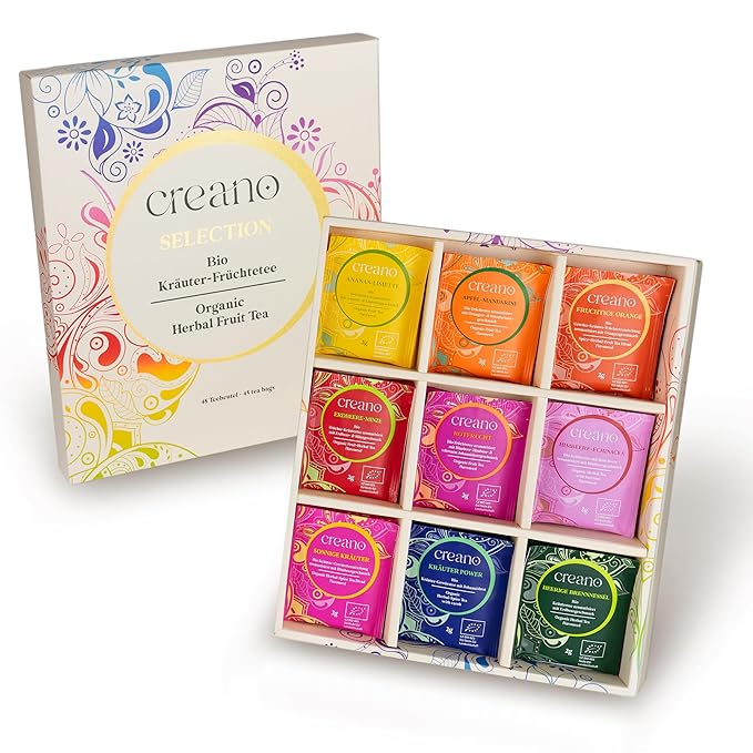 Creano Organic Herbal & Fruit Tea Gift Set – 45 Organic Tea Bags in 9 Dreamy Varieties – 90 g*