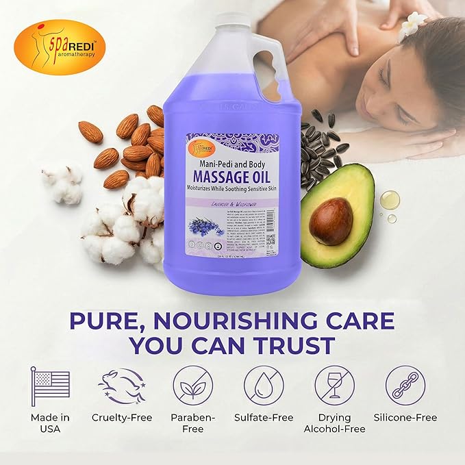 SPA REDI - Massage Oil, Lavender Wildflower, 128 Oz Professional Pedicure, Manicure, Full Body Massage Therapy, with Almond Oil, Cotton Seed Oil, Sunflower Oil, Avocado Oil, Essential Oils, Vitamin E