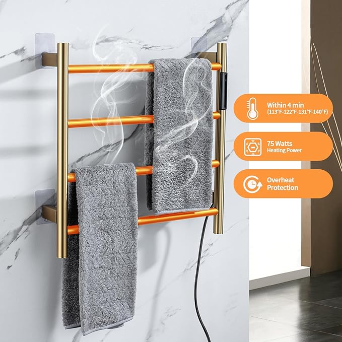 Heated Towel Rack, 4 Bar Wall Mounted Towel Warmer with Timer, Plug in/Hardwired Towel Dryer for Bathroom, Gold