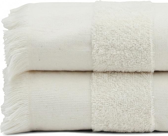 Lightweight Turkish Beach Towel - 100% BCI Cotton, Unbleached Raw Fringe, Oeko-TEX Certified, Absorbent, Eco-Friendly, 36x66”, Natural Stripes, Portable Sarong Blanket for Pool, Travel