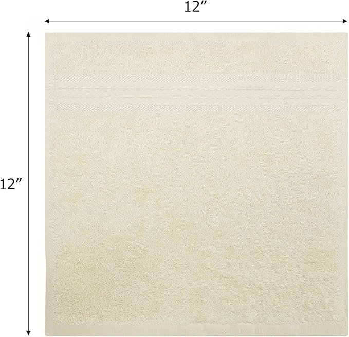 Cotton Craft Ultra Soft 12 Pack Wash Cloths 12x12 Ivory Weighs 2 Ounces Each - 100% Pure Ringspun Cotton - Luxurious Rayon Trim - Ideal for Everyday use - Easy Care Machine wash