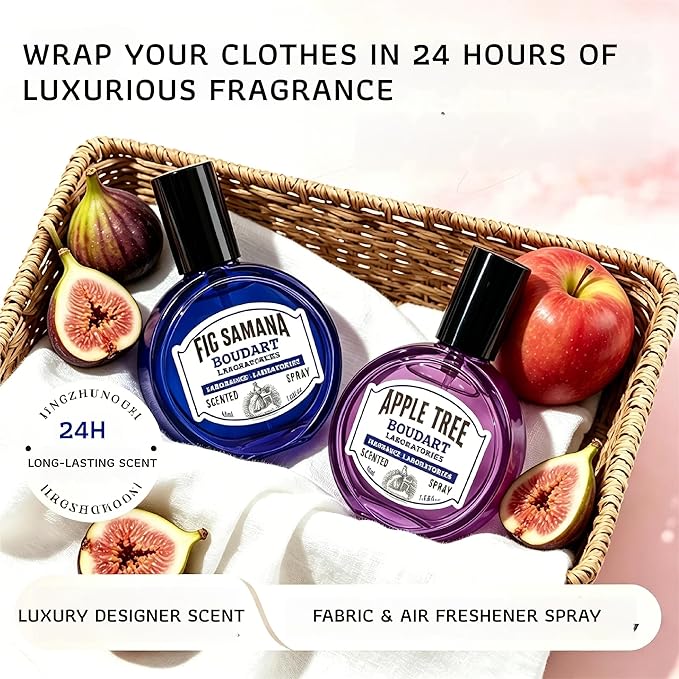 Travel Fabric Refresher Spray – Odor Eliminator & Wrinkle Release, TSA Approved 40ml for Gym Hotel Office Clothes Sofa Curtains, Apple Tree Scent – Boudart Labs
