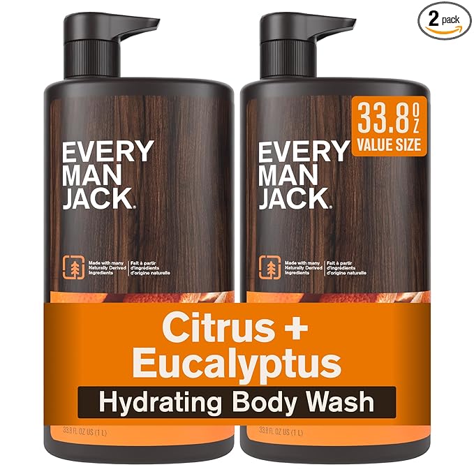 Every Man Jack Citrus + Eucalyptus Mens Body Wash for All Skin Types - Cleanse, Hydrate, and Smell Great - Free of Parabens, Phtalates, and Dyes - 33.8 fl oz (2 Pack)