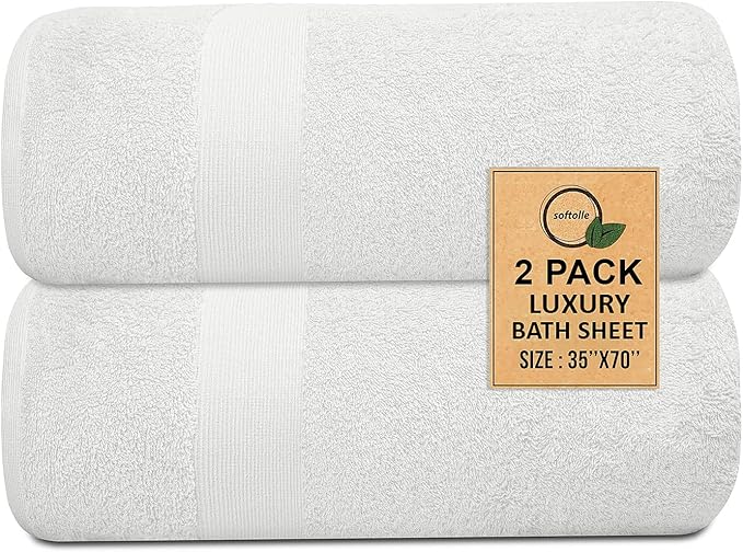 Softolle 100% Cotton Luxury Bath Sheets - Pack of 2 (35" x 70") | Super Soft, Quick-Dry & Highly Absorbent Towels for Bathroom, Home, Spa & Gym (White)
