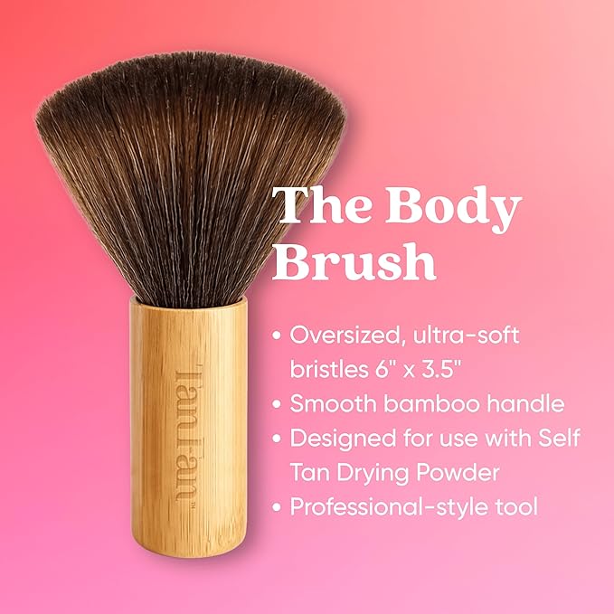 Tan Fan Self Tan Drying Powder Kit - Eliminates Sticky Self Tanner Feel -100% Vegan Natural Talc-Free Light w XL Soft Body Brush To Set Sunless Tanner For Smooth Silky Skin - Coconut 3oz USA Made