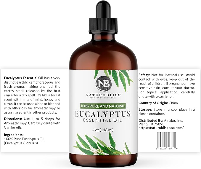 NaturoBliss Essential Oil with Glass Dropper - 100% Pure and Natural - Essential Oils for Diffuser, Aromatherapy, Soap and Candle Making, Eucalyptus Essential Oil, Eucalyptus Oil, 4 Fl Oz