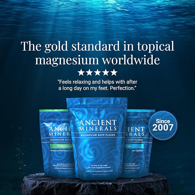 Ancient Minerals Magnesium Bath Flakes – Pure Zechstein Magnesium Chloride for Soaking and Whole-Body Replenishment, 8 lb Bag