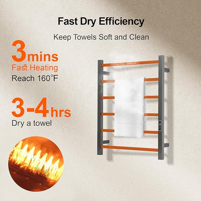 Electric Heated Towel Warmer - Wall Mounted Bathroom Towel Rack, Plug-in Design & Brushed Stainless Steel 6 Bar Gunmetal with Timer & Temperature Control