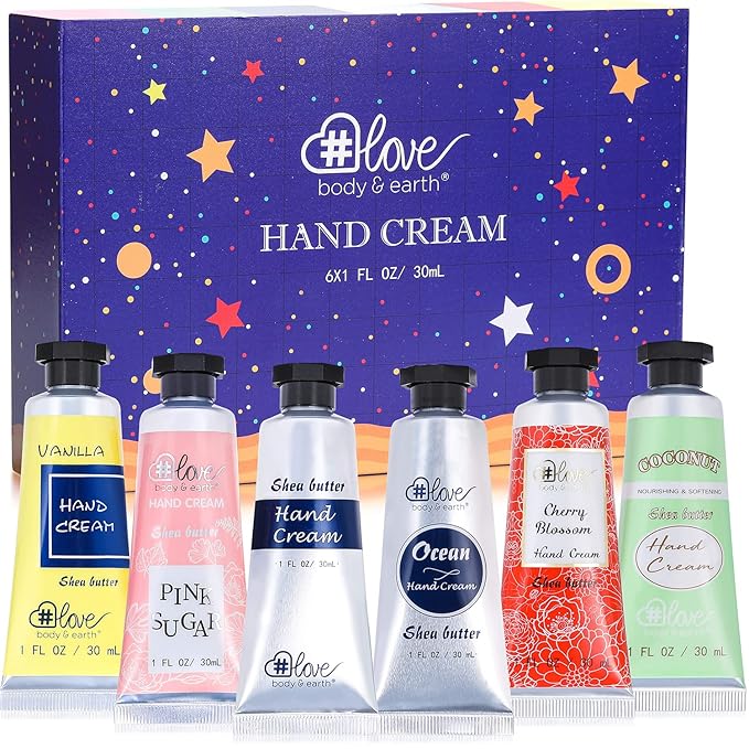 BODY & EARTH # LOVE Hand Cream Gift Set, Mothers Day Gifts for Mom, Moisturizing Hand Lotion Gift Set with Vitamin E, Travel Size Hand Cream for Women, Birthday Gifts Nurses Teachers, 6 x 1 OZ