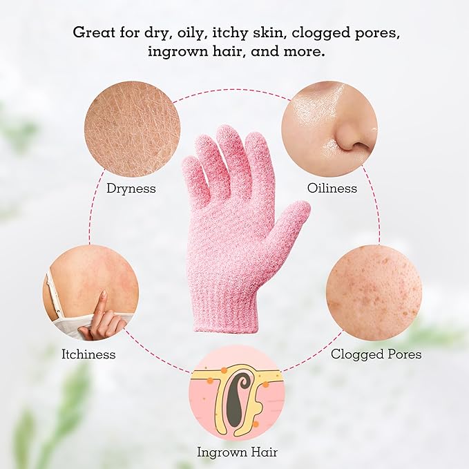 Evridwear Exfoliating Gloves for Shower, 100% Nylon Thick Soft Medium Heavy Bathing Gloves Dead Skin Remover Body Scrubber Smooth Skin with Hang Loop (Pink Moderate Exfoliation- 3 Pairs)