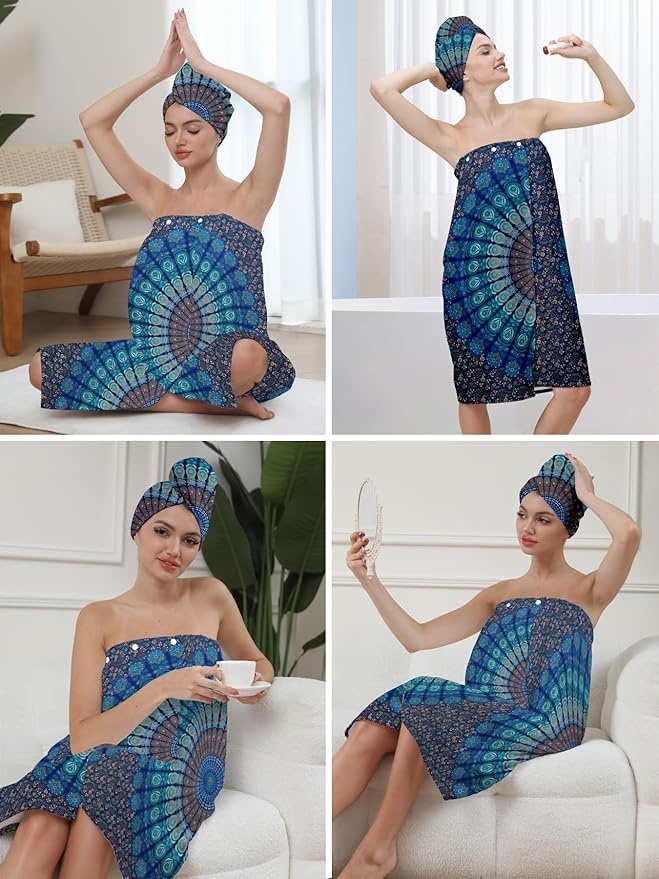 Women's Spa Bath Towel Wrap Set with Hair Turban, Blue Peacock Mandala Pattern, 31.5x59 Inches
