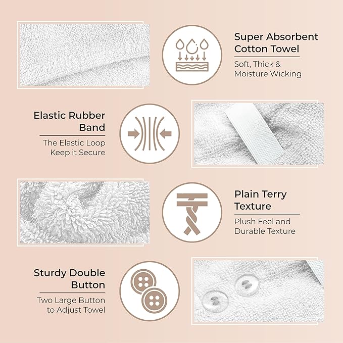 Cotton Hair Towel Wrap for Women/Kids | Quick Dry, Soft & Absorbent 420-GSM Hair Wrap Towels with Double Button | Anti Frizz, Non Microfiber Turbans for Curly, Long & Thick Hair (White+Grey+Aqua)