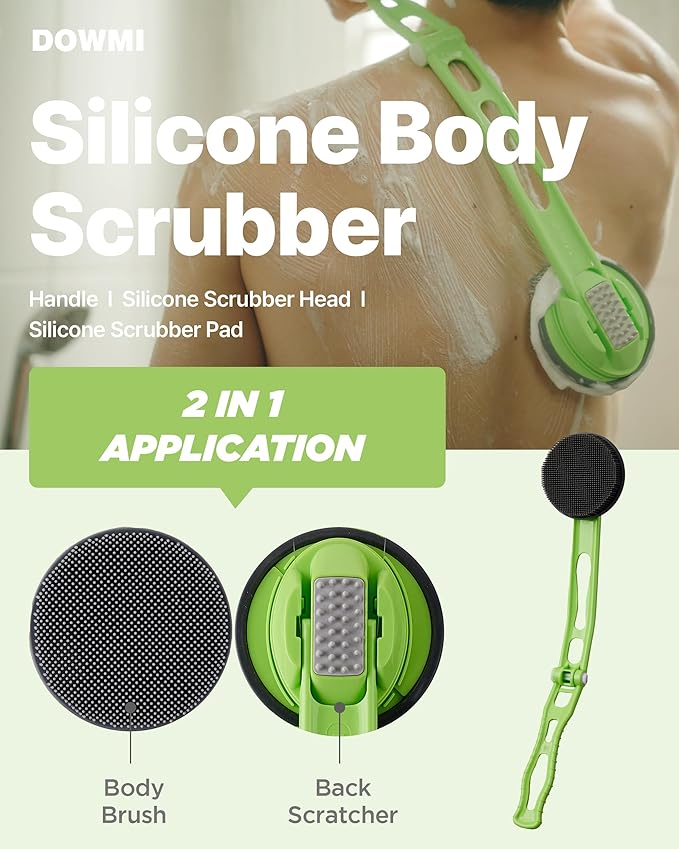 DOWMI Silicone Body Scrubber - 19" Foldable Long Curved Handle for Ultimate Reach and Comfort - Back Shower Scrub Brush - Hygienic and Durable Soft Silicone for Sensitive Skin