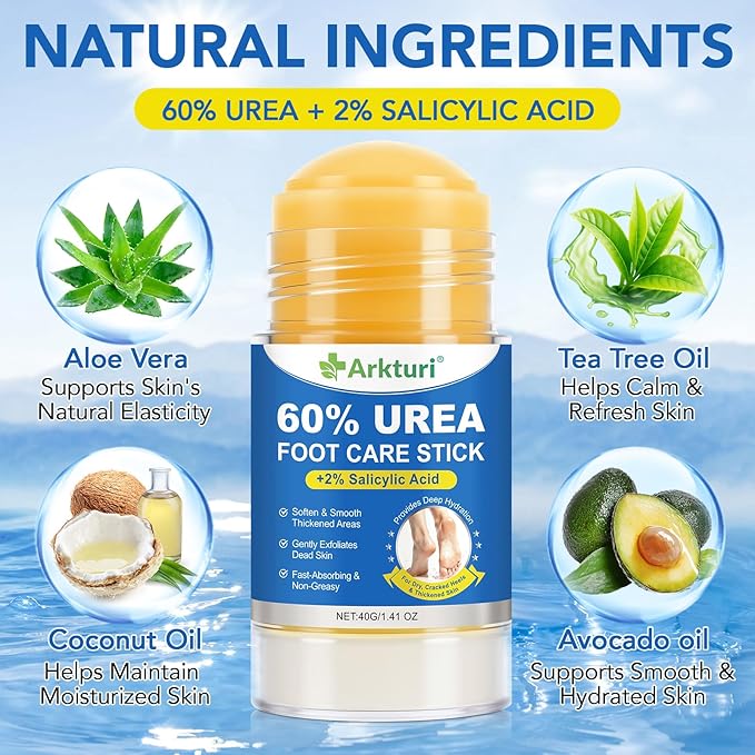 ABOUME 60% Urea Foot Care Stick with 2% Salicylic Acid, Urea Foot Cream for Dry Cracked Feet, Knees, Elbows, Avoid Frostbite, Heel Balm for Callus Remover & Dead Skin Softener (2PCS)
