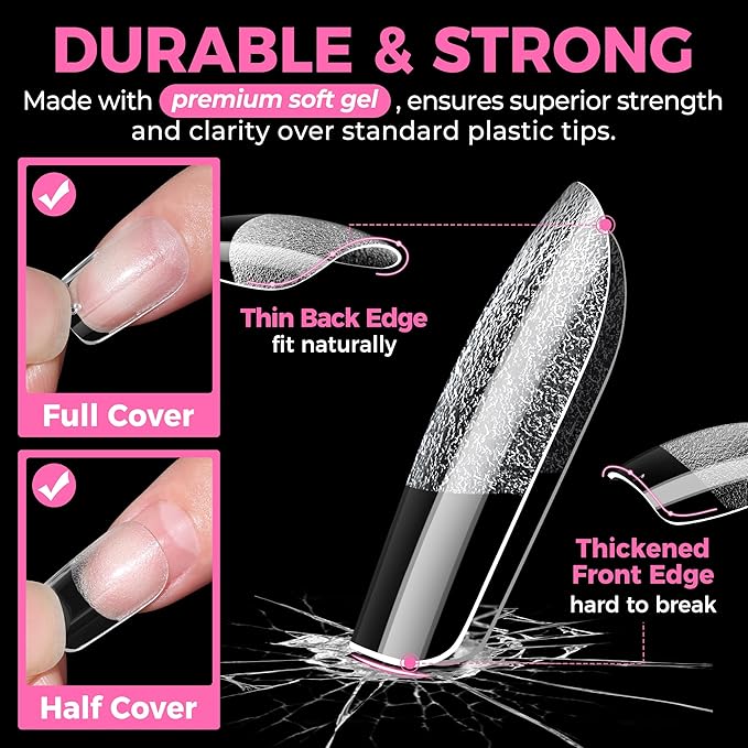 UNA GELLA Short Square & Squoval Nail Tips 216pcs Pre-Etched Short Square Round Oval Press on Nails Squoval Clear Acrylic Fake Full Cover Gel Nails Tips for Nail Extensions Home DIY Salon 12 Sizes