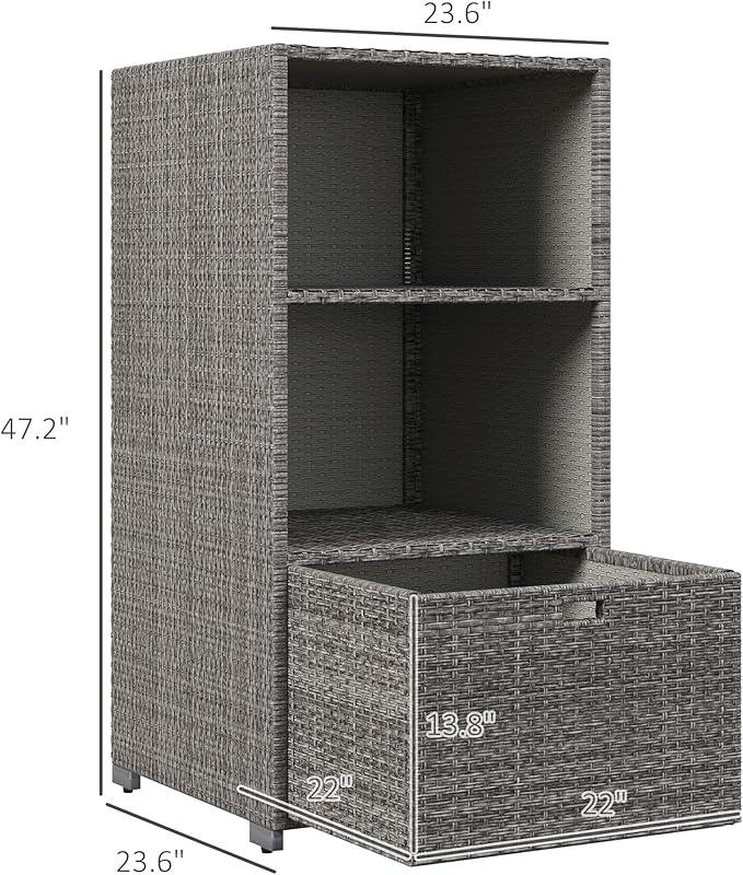 Outsunny Valet Pool Towel Rack, Waterproof PE Plastic Rattan Wicker Storage Organizer, Indoor Outdoor Spa, and Hot Tub Accessory Storage, 2 Shelves, 1 Basket Drawer, Mixed Gray